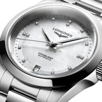 longines Conquest 34mm - White, Mother-of-Pearl w/ Diamonds on Bracelet