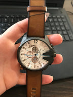 Diesel DZ4280 Mega Chief Chronograph Men's Watch – White Dial & Brown Leather Strap