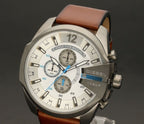Diesel DZ4280 Mega Chief Chronograph Men's Watch – White Dial & Brown Leather Strap